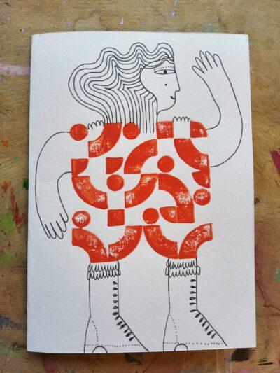 Waving happy person Hand printed, hand drawn greetings card