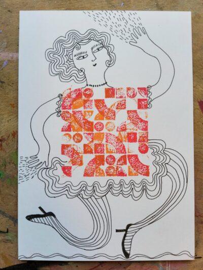 Dancing Queen - Hand drawn and hand printed card - small unframed picture