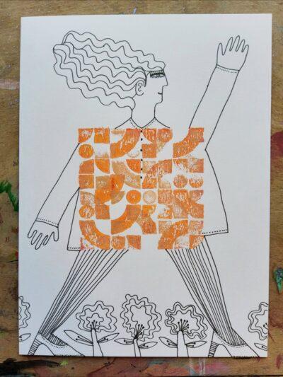 Waving 1960s person - blank greetings card, hand printed and hand drawn - small picture unframed