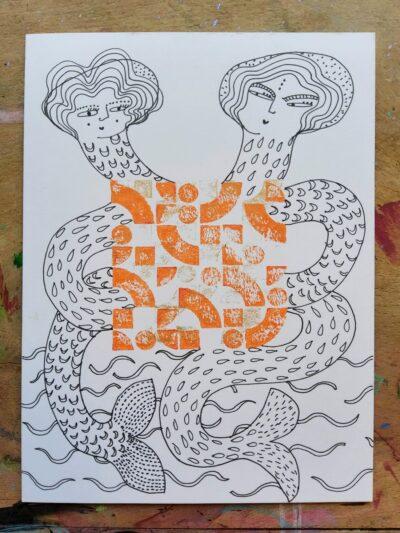 Sea serpent - hand drawn, hand printed, greetings card - blank inside.