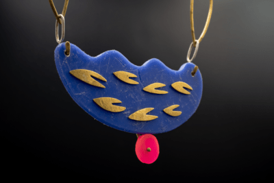 Bold, abstract shape contemporary modern art jewellery necklace pendant blue with brass chain and pink accent. Statement necklace - Image 3