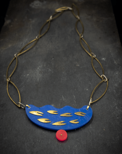 Bold, abstract shape contemporary modern art jewellery necklace pendant blue with brass chain and pink accent. Statement necklace - Image 5