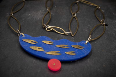 Bold, abstract shape contemporary modern art jewellery necklace pendant blue with brass chain and pink accent. Statement necklace - Image 7