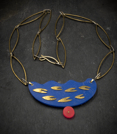 Bold, abstract shape contemporary modern art jewellery necklace pendant blue with brass chain and pink accent. Statement necklace - Image 8