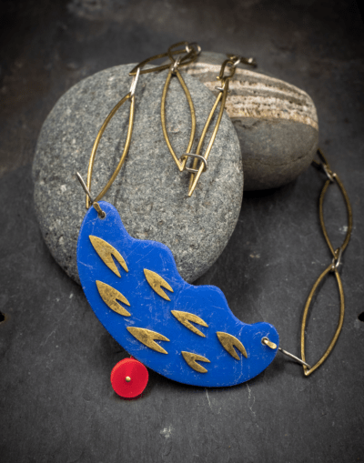 Bold, abstract shape contemporary modern art jewellery necklace pendant blue with brass chain and pink accent. Statement necklace - Image 9