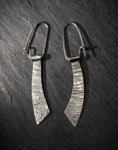 Single dangle recycled Silver shipwreck earrings, abstract contemporary textured shapes, handmade in Devon UK