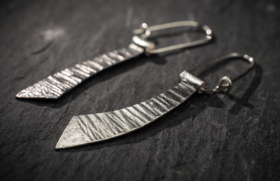 Single dangle recycled Silver shipwreck earrings, abstract contemporary textured shapes, handmade in Devon UK - Image 3