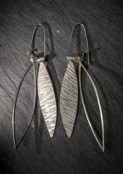 Sand rippled leaf shape double dangle earrings - recycled silver textured dangly earrings handmade by Becky Crawford in Devon, UK