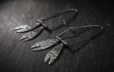 Elongated Lilypad double dangly Earrings, recycled silver handmade in Devon UK - Image 6