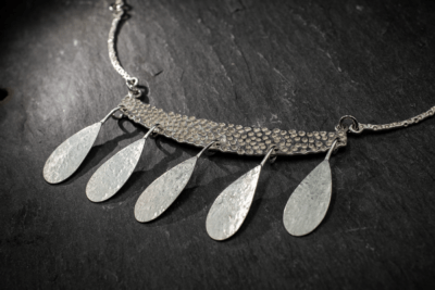 Gribbled Boat Bar Necklace - Recycled silver with dotty texture with teadrop dangles - Image 2