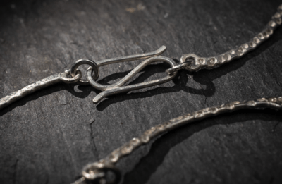 Gribbled Boat Bar Necklace - Recycled silver with dotty texture with teadrop dangles - Image 5