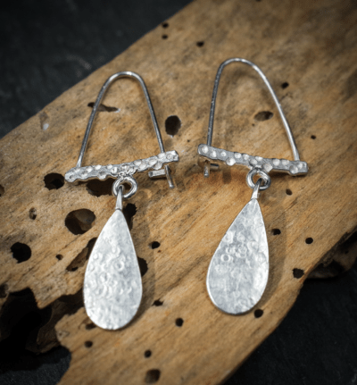 Gribbled textured Single Teardrop Dangly Earrings, handmade in Devon, UK, from recycled silver by Becky Crawford - Image 7