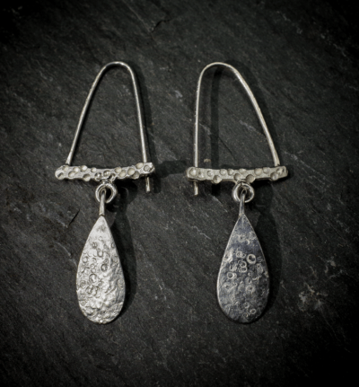 Gribbled textured Single Teardrop Dangly Earrings, handmade in Devon, UK, from recycled silver by Becky Crawford