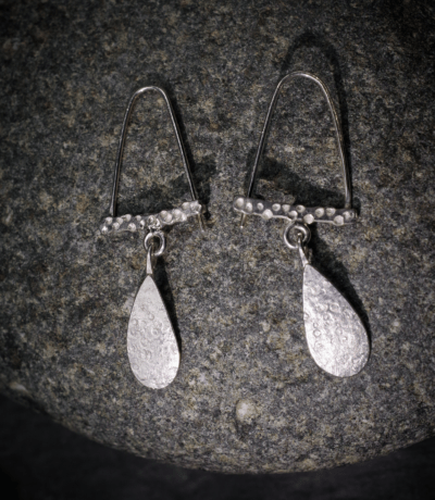 Gribbled textured Single Teardrop Dangly Earrings, handmade in Devon, UK, from recycled silver by Becky Crawford - Image 5