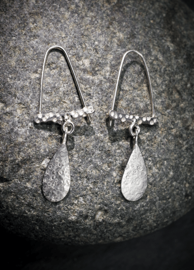 Gribbled textured Single Teardrop Dangly Earrings, handmade in Devon, UK, from recycled silver by Becky Crawford - Image 4