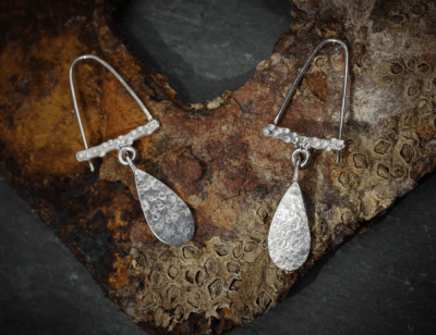 Gribbled textured Single Teardrop Dangly Earrings, handmade in Devon, UK, from recycled silver by Becky Crawford - Image 3