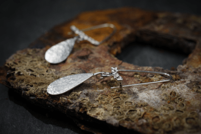 Gribbled textured Single Teardrop Dangly Earrings, handmade in Devon, UK, from recycled silver by Becky Crawford - Image 2