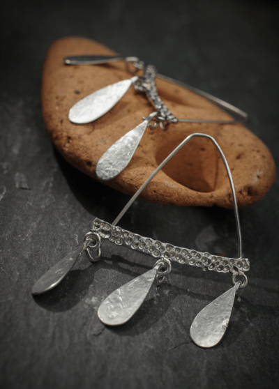 Gribbled textured Triple Teardrop dangly Earrings, handmade in Devon, UK, from recycled silver, by Becky Crawford - Image 3