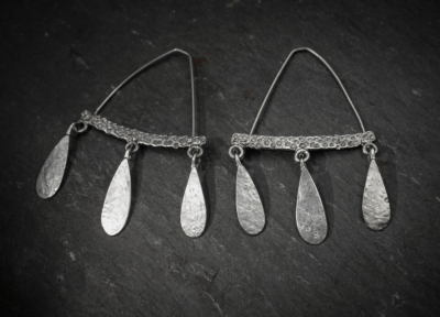 Gribbled textured Triple Teardrop dangly Earrings, handmade in Devon, UK, from recycled silver, by Becky Crawford