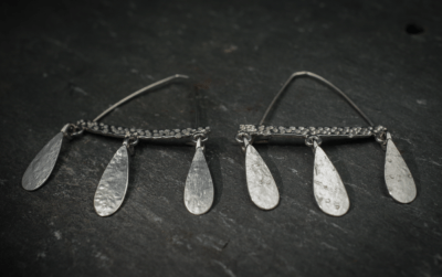 Gribbled textured Triple Teardrop dangly Earrings, handmade in Devon, UK, from recycled silver, by Becky Crawford - Image 5