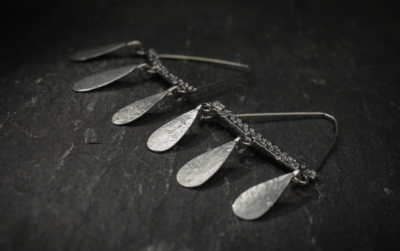 Gribbled textured Triple Teardrop dangly Earrings, handmade in Devon, UK, from recycled silver, by Becky Crawford - Image 6