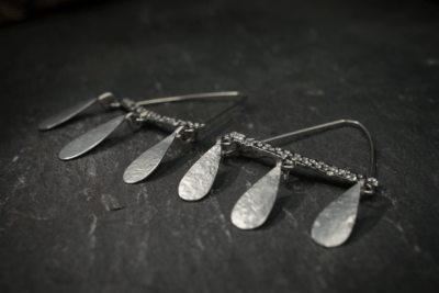 Gribbled textured Triple Teardrop dangly Earrings, handmade in Devon, UK, from recycled silver, by Becky Crawford - Image 7