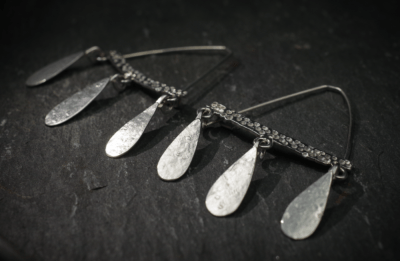 Gribbled textured Triple Teardrop dangly Earrings, handmade in Devon, UK, from recycled silver, by Becky Crawford - Image 8