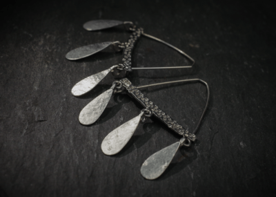 Gribbled textured Triple Teardrop dangly Earrings, handmade in Devon, UK, from recycled silver, by Becky Crawford - Image 9