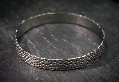 Wide handmade recycled silver hammered organic bangle with dots - Gribbled Bangle from shipwrecked range