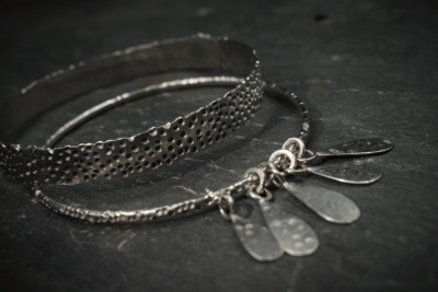 Wide handmade recycled silver hammered organic bangle with dots - Gribbled Bangle from shipwrecked range - Image 4