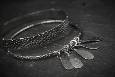 Wide handmade recycled silver hammered organic bangle with dots - Gribbled Bangle from shipwrecked range - Image 5