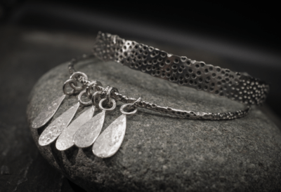 Wide handmade recycled silver hammered organic bangle with dots - Gribbled Bangle from shipwrecked range - Image 6