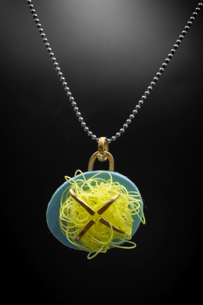 Modern and unique, beach plastic upcycled contemporary necklace pendant on silver ball chain, with brass. Yellow and Blue. - Image 2