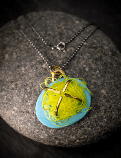 Modern and unique, beach plastic upcycled contemporary necklace pendant on silver ball chain, with brass. Yellow and Blue. - Image 3