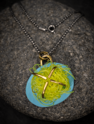 Modern and unique, beach plastic upcycled contemporary necklace pendant on silver ball chain, with brass. Yellow and Blue. - Image 4